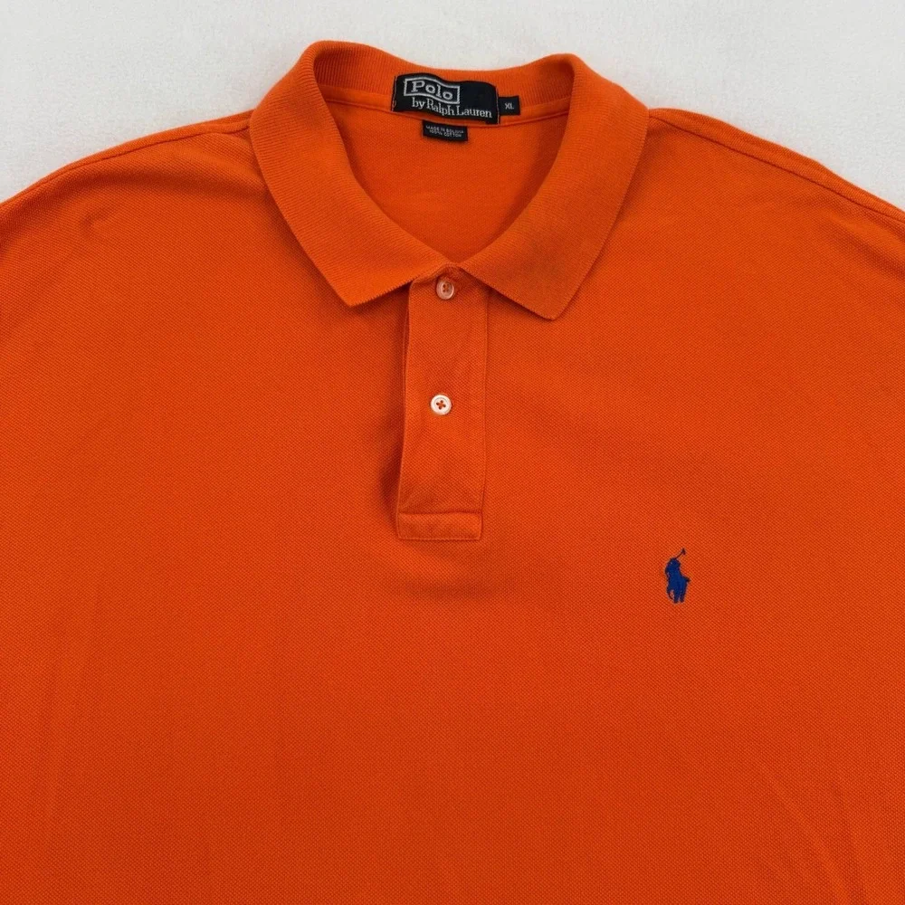 Polo Ralph Lauren Orange Short Sleeve Pique Cotton Polo Shirt Blue Pony Mens XL